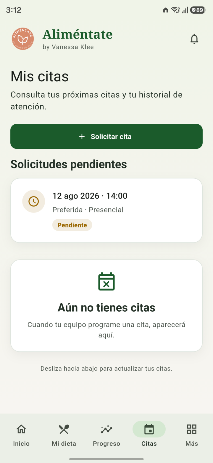 Pantalla real de Citas en Aliméntate