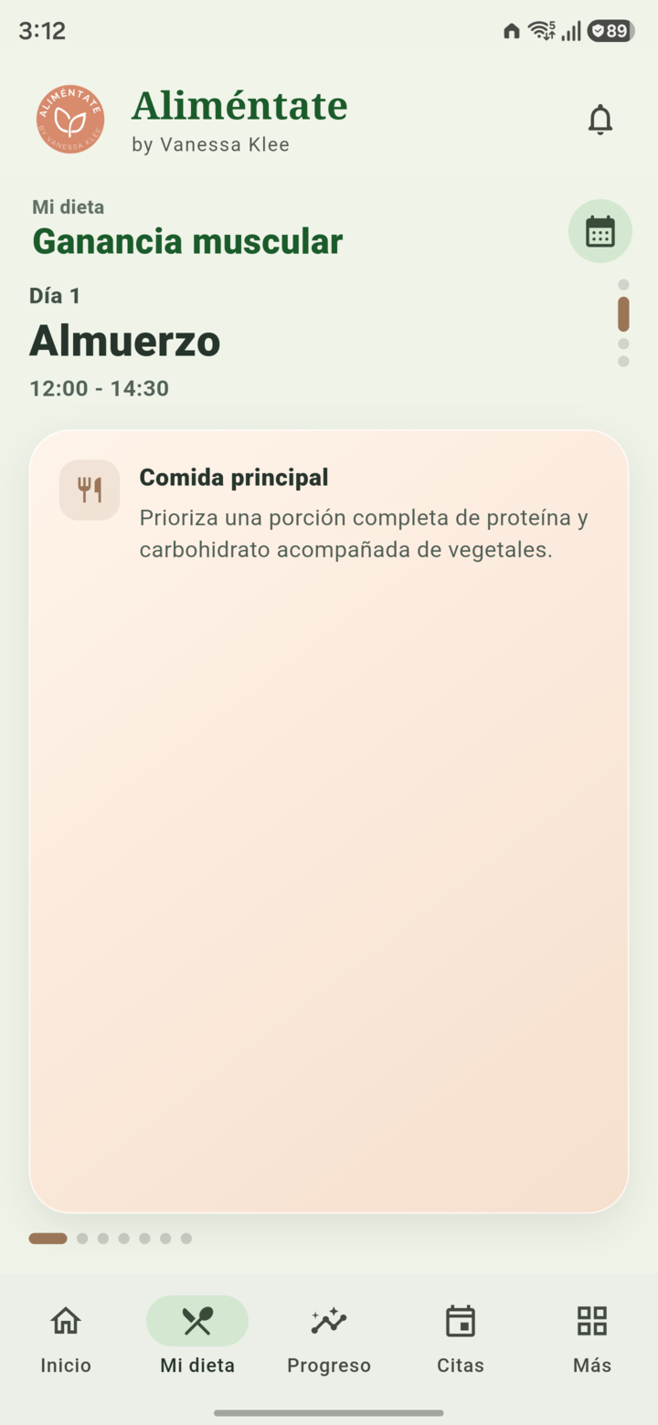 Pantalla real de dieta digital de Aliméntate