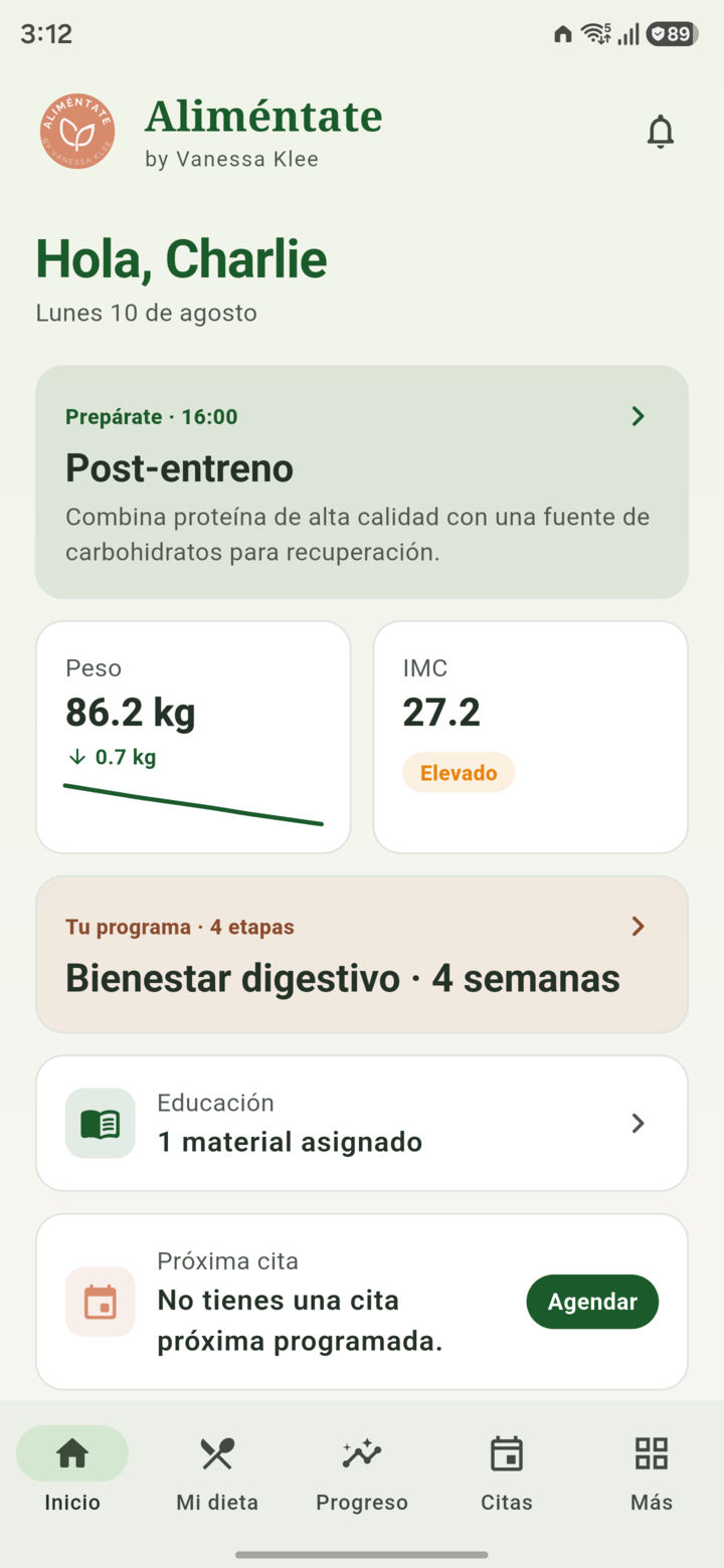 Pantalla real de inicio de Aliméntate